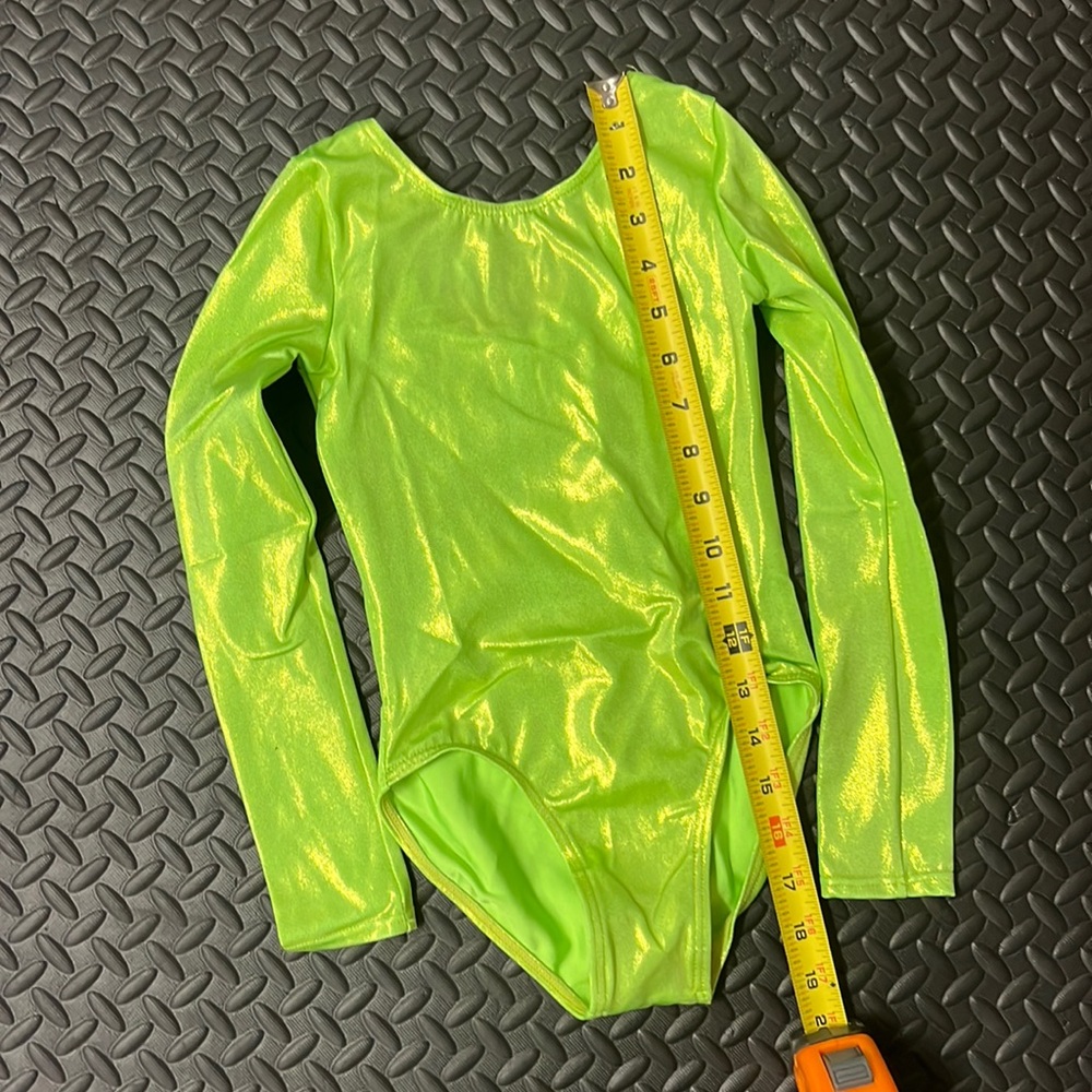 Lime green competition gymnastics leotard.